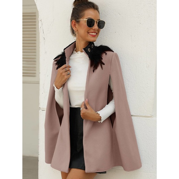 Contrast Feather collar open front Tweed Cape pea Coat gray - Picture 4 of 11